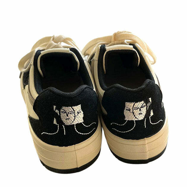 Y2K Aesthetic Face Embroidery Black Sneakers for Trendy Outfits