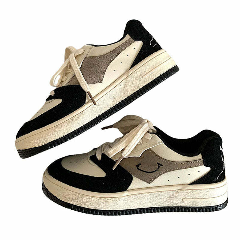 Y2K Aesthetic Face Embroidery Black Sneakers for Trendy Outfits