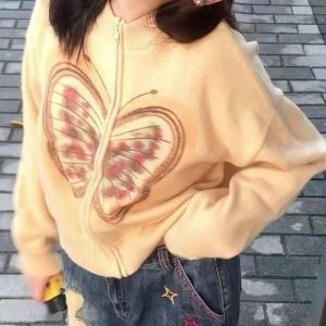 Y2K Aesthetic Fall Neon Butterfly Knit Cardigan for Trendy Outfits