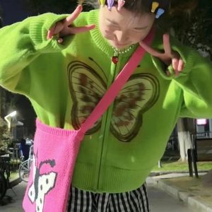 Y2K Aesthetic Fall Neon Butterfly Knit Cardigan for Trendy Outfits