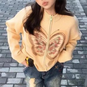 Y2K Aesthetic Fall Neon Butterfly Knit Cardigan for Trendy Outfits