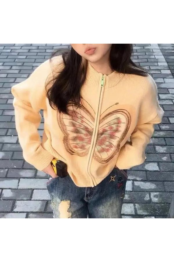 Y2K Aesthetic Fall Neon Butterfly Knit Cardigan for Trendy Outfits