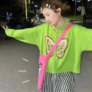 Y2K Aesthetic Fall Neon Butterfly Knit Cardigan for Trendy Outfits