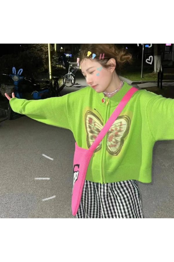 Y2K Aesthetic Fall Neon Butterfly Knit Cardigan for Trendy Outfits