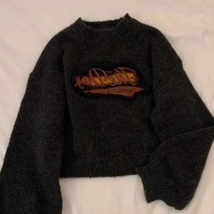 Y2K Aesthetic Fall Retro Graphic Knit Crop Sweater for Cozy Style