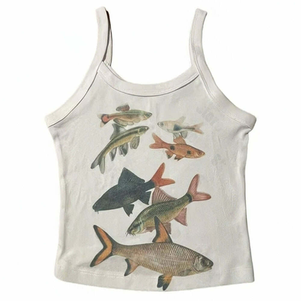 Y2K Aesthetic Fish Print Tank Top for Cute and Comfy Outfits