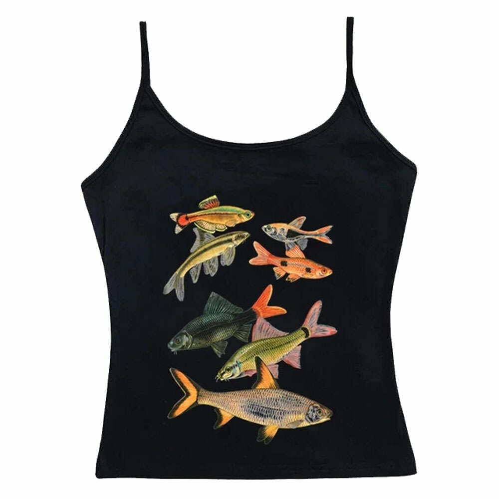 Y2K Aesthetic Fish Print Tank Top for Cute and Comfy Outfits