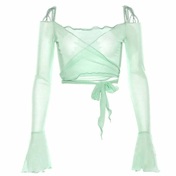 Y2K Aesthetic Flare Sleeve Mesh Top for Trendy Coquette Style