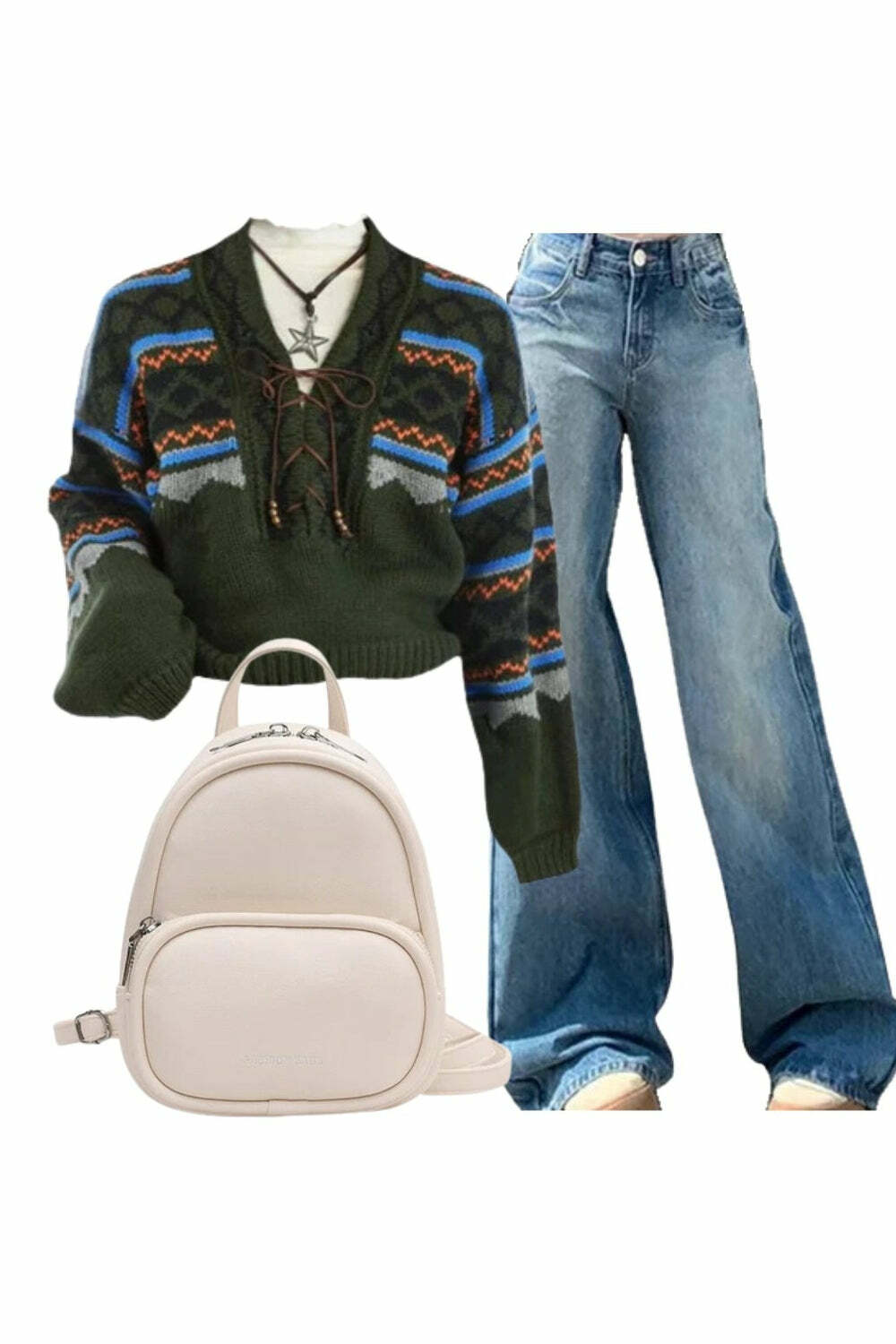 Y2K Aesthetic: Forest Fair Isle Lace-Up Sweater & Light Wash Denim Set