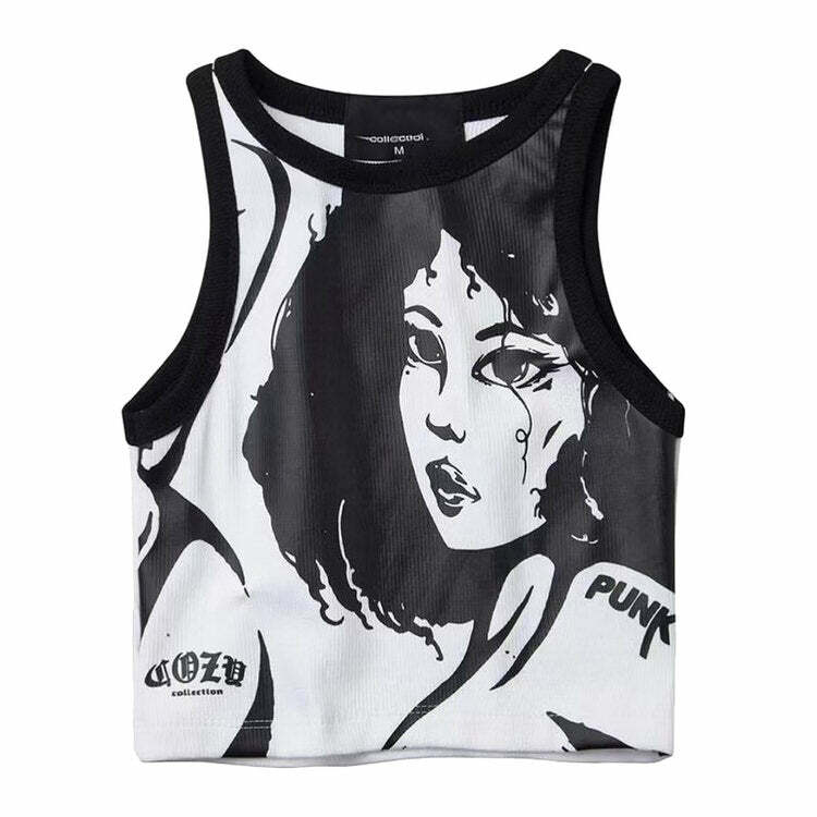 Y2K Aesthetic Girl Print Ribbed Top - Cute & Comfy Fashion Essential