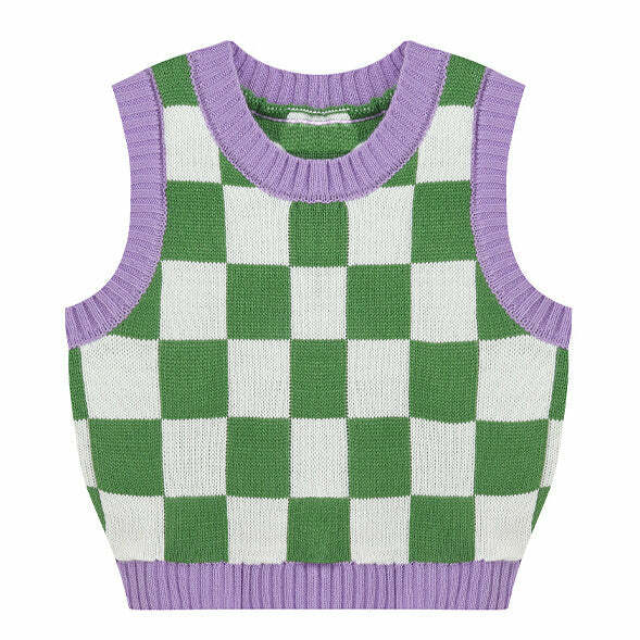 Y2K Aesthetic Green & Lavender Checkered Vest for Trendy Outfits