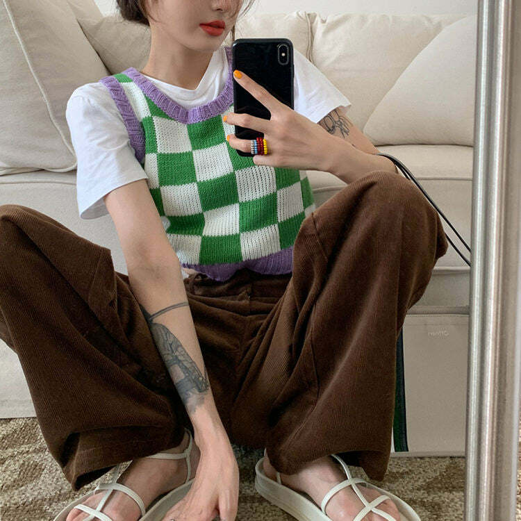 Y2K Aesthetic Green & Lavender Checkered Vest for Trendy Outfits