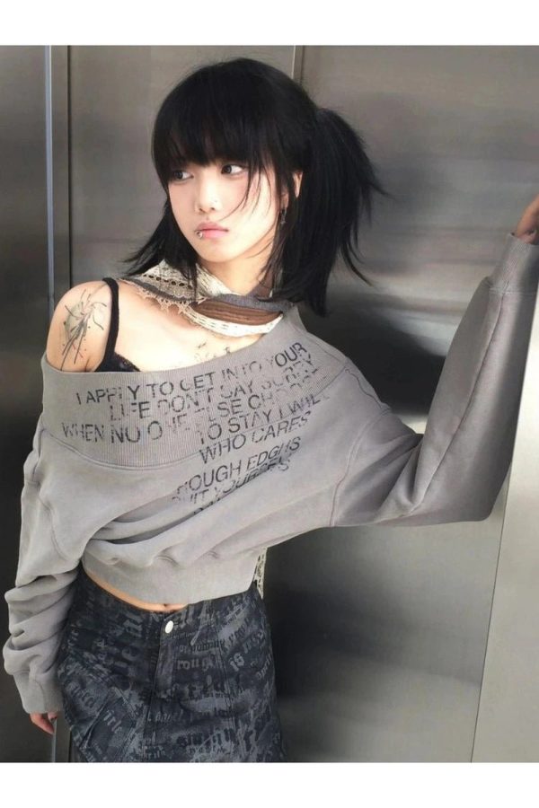 Y2K Aesthetic Grey Cipher Cropped Sweatshirt for Cozy Chic Style