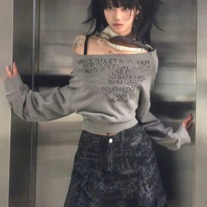 Y2K Aesthetic Grey Cipher Cropped Sweatshirt for Cozy Chic Style