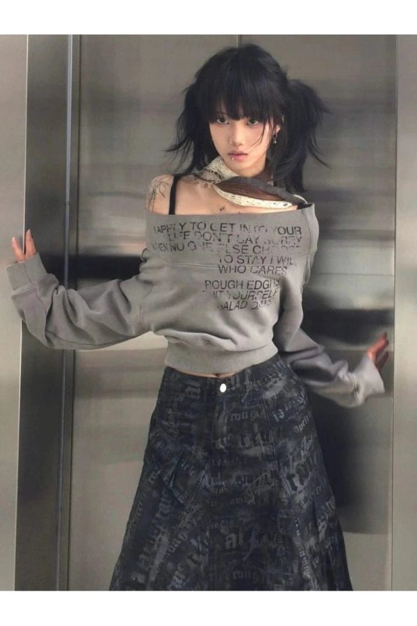 Y2K Aesthetic Grey Cipher Cropped Sweatshirt for Cozy Chic Style