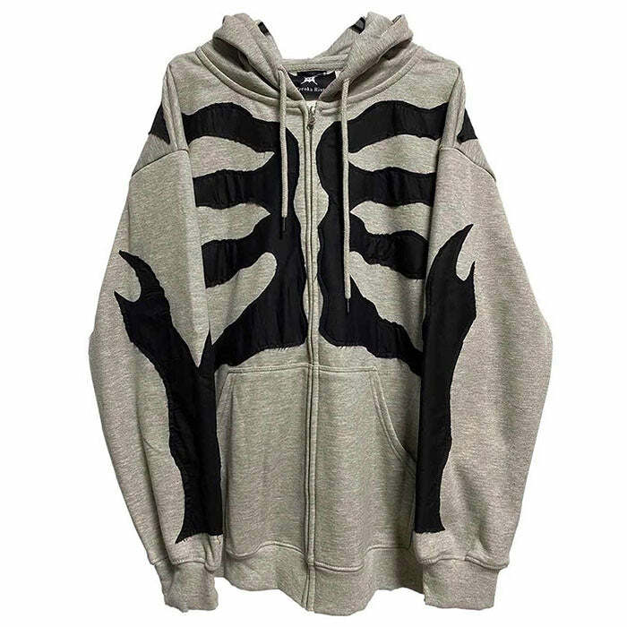 Y2K Aesthetic Grey Skeleton Hoodie for Comfy Grunge Style Lovers