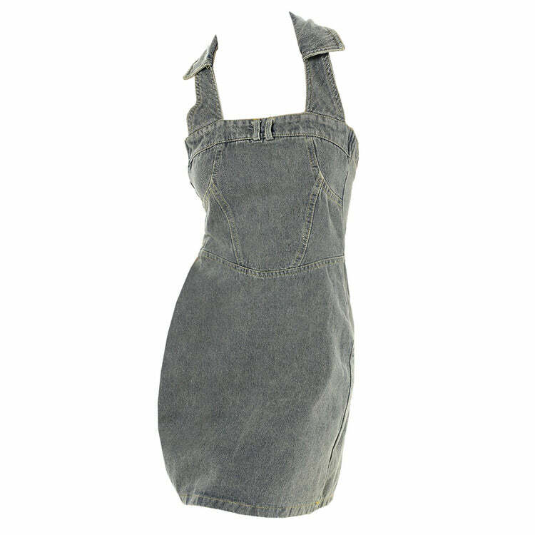 Y2K Aesthetic Halter Denim Dress for Cute Outfits and Grunge Style