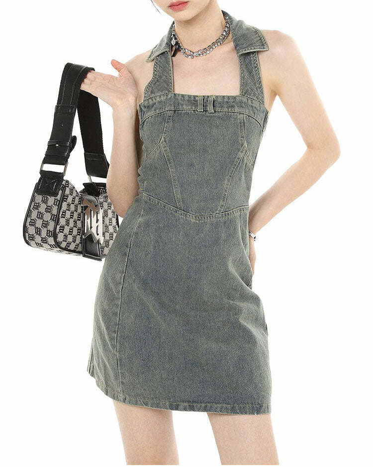 Y2K Aesthetic Halter Denim Dress for Cute Outfits and Grunge Style