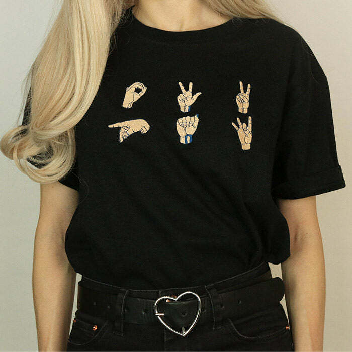 Y2K Aesthetic Hands Embroidered T-Shirt in Size S - Cute & Comfy Style