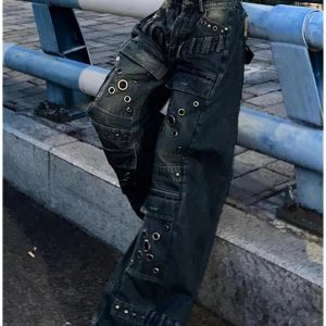 Y2K Aesthetic Industrial Grommet Cargo Jeans for Trendy Outfits