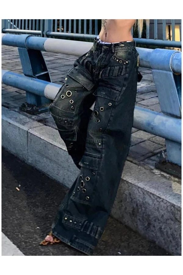 Y2K Aesthetic Industrial Grommet Cargo Jeans for Trendy Outfits