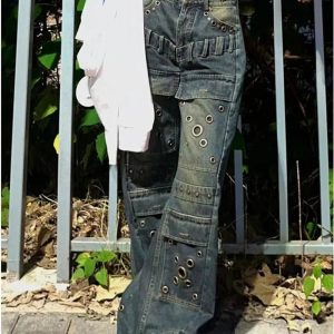 Y2K Aesthetic Industrial Grommet Cargo Jeans for Trendy Outfits