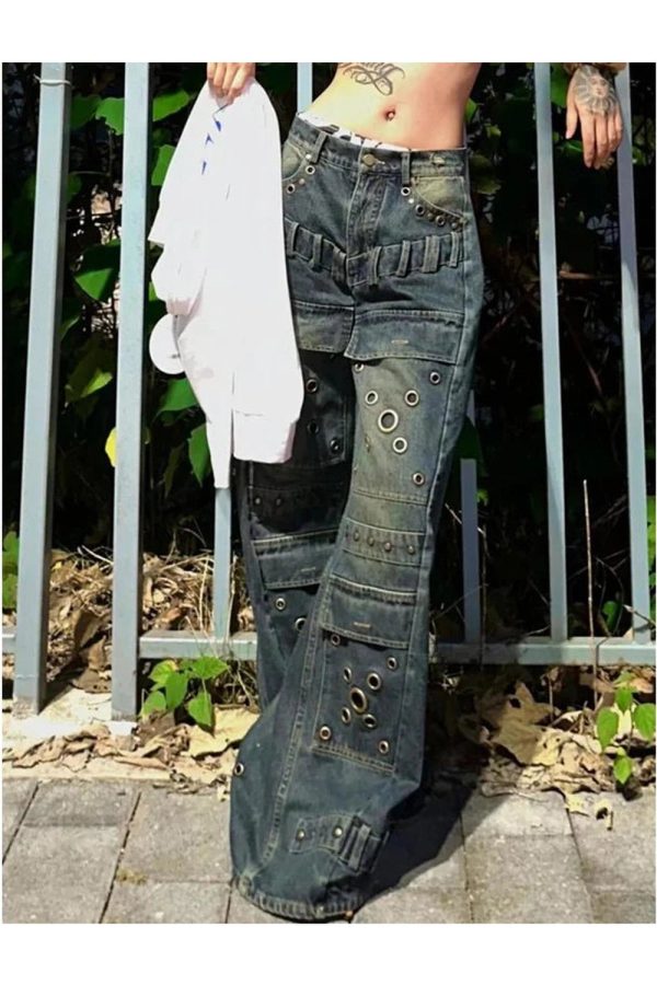 Y2K Aesthetic Industrial Grommet Cargo Jeans for Trendy Outfits