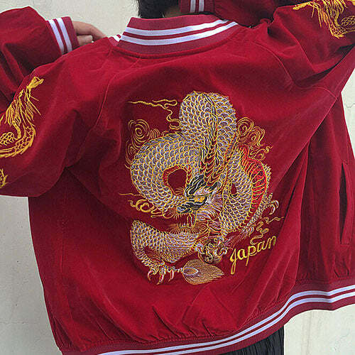 Y2K Aesthetic Japanese Dragon Bomber Jacket for Trendy Outfits