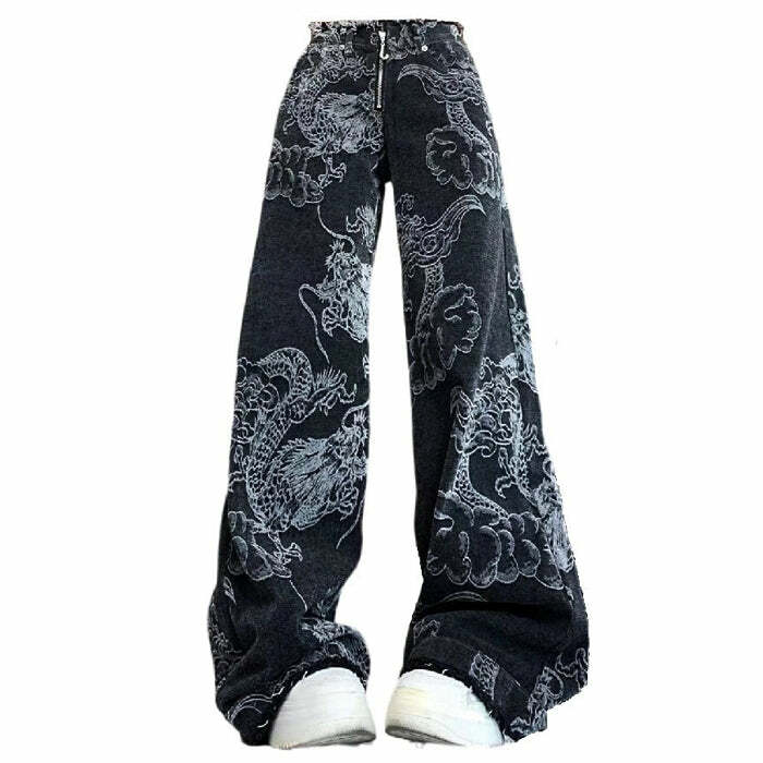 Y2K Aesthetic Japanese Dragon Jeans for Grunge and Coquette Styles