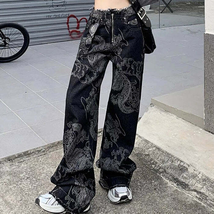 Y2K Aesthetic Japanese Dragon Jeans for Grunge and Coquette Styles