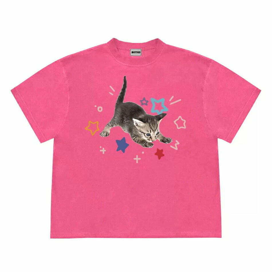 Y2K Aesthetic Kitten and Stars T-Shirt for Cute and Comfy Outfits