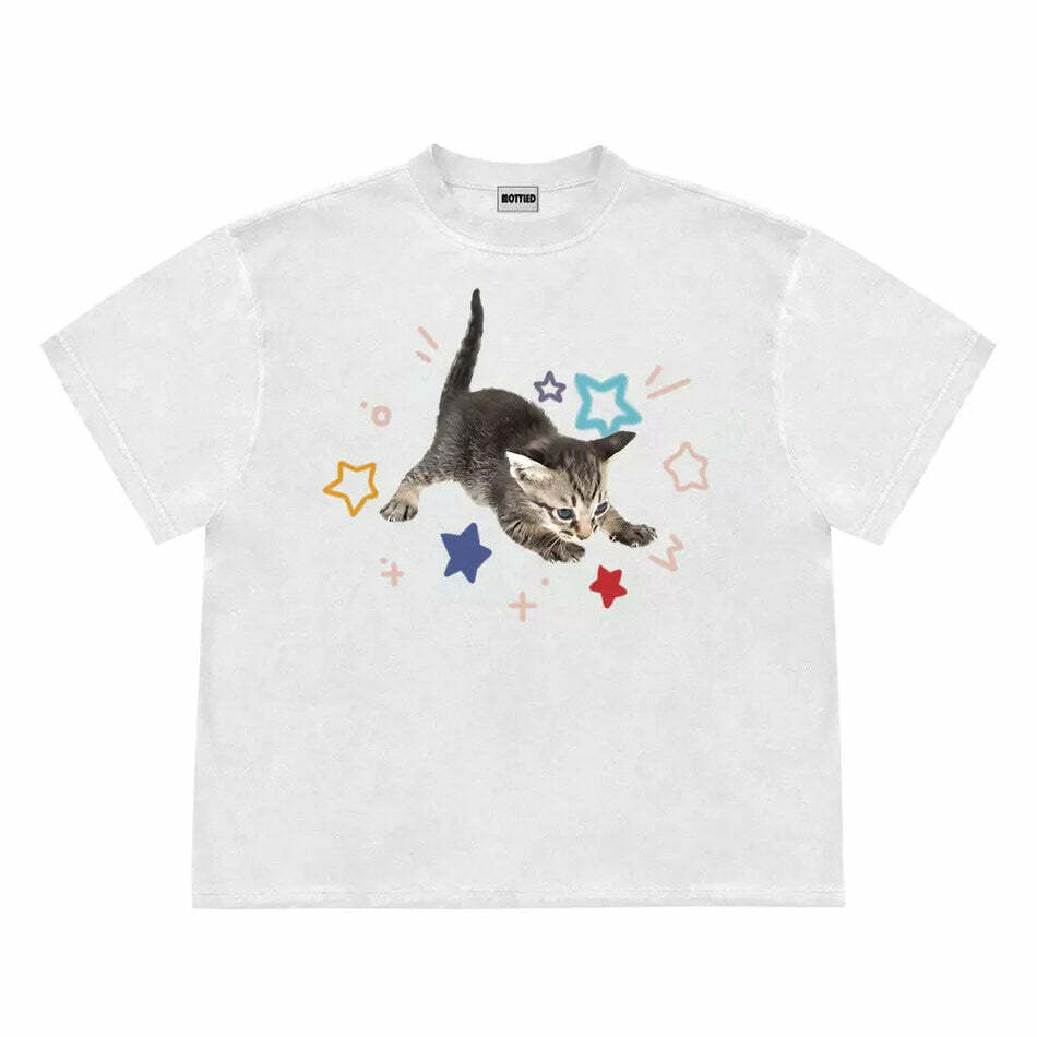 Y2K Aesthetic Kitten and Stars T-Shirt for Cute and Comfy Outfits