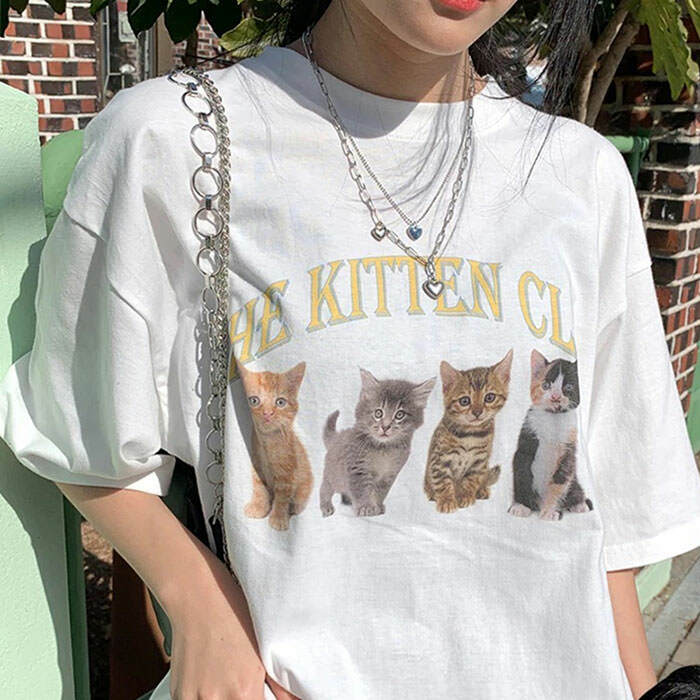 Y2K Aesthetic Kitten Club T-Shirt: Cute Top for Coquette Style Lovers