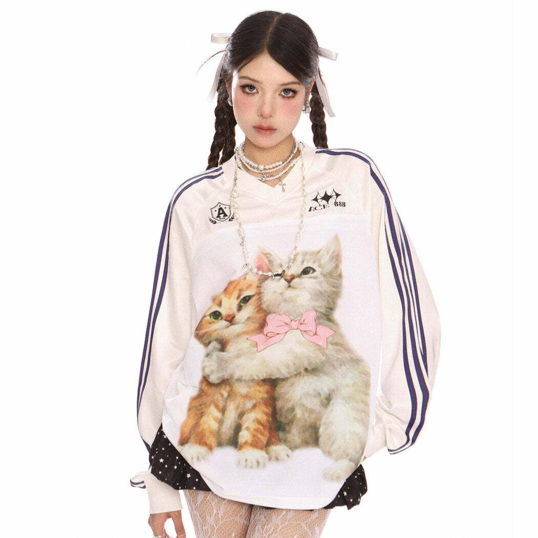 Y2K Aesthetic Kitten Print Jersey Top for Cute and Comfy Outfits