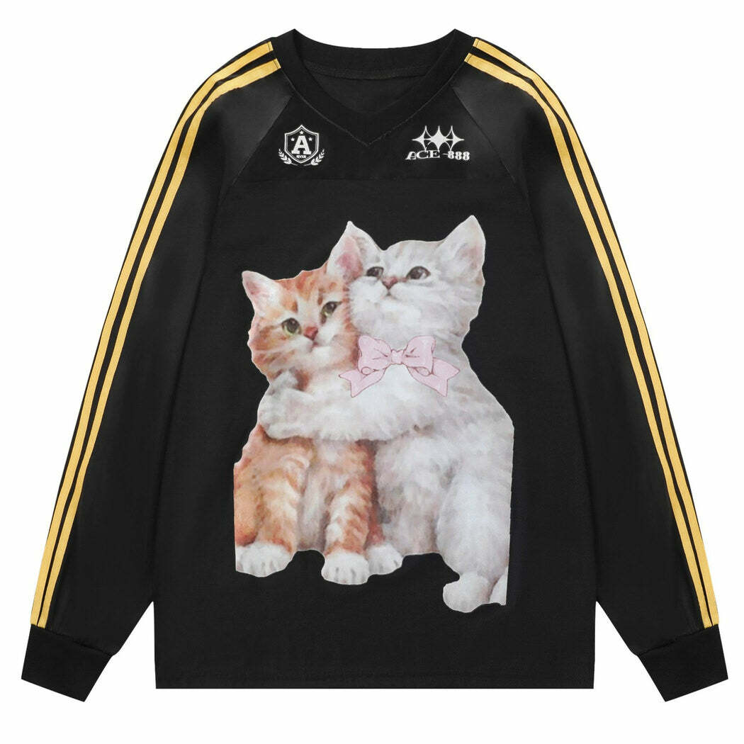 Y2K Aesthetic Kitten Print Jersey Top for Cute and Comfy Outfits