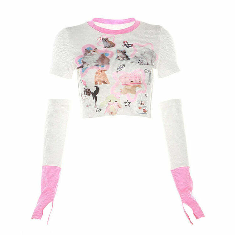 Y2K Aesthetic Kitten Top & Gloves Co-Ord for Cute Outfits