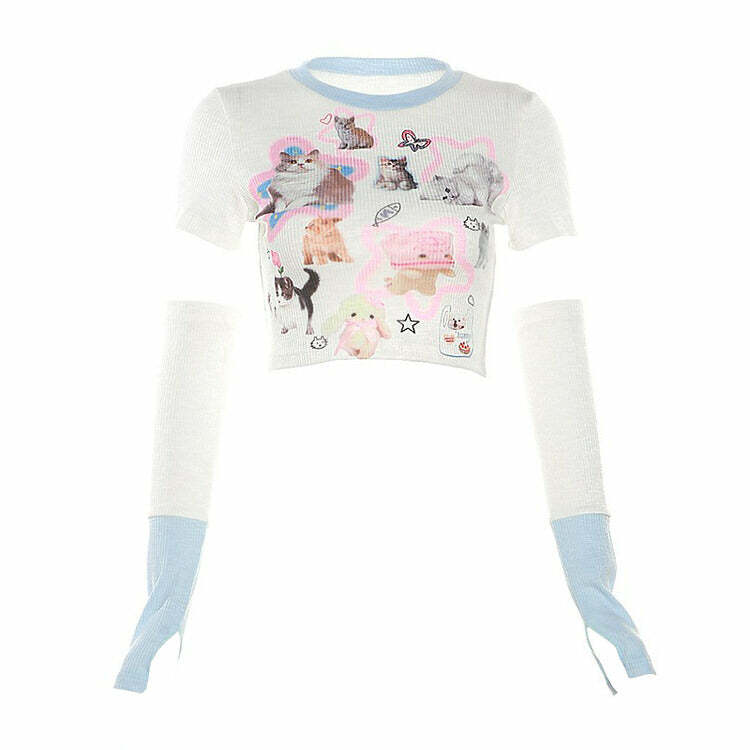 Y2K Aesthetic Kitten Top & Gloves Co-Ord for Cute Outfits