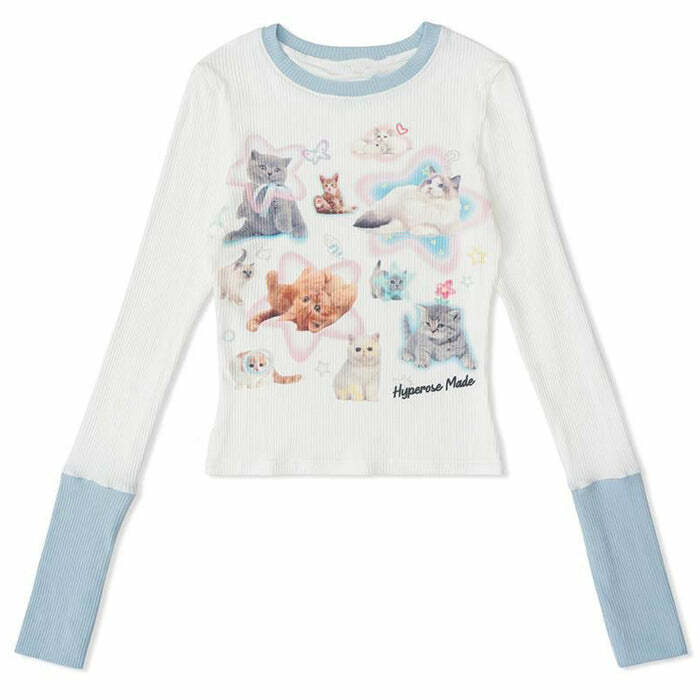 Y2K Aesthetic Kitty Long Sleeve Top - Cute & Comfy for Every Outfit