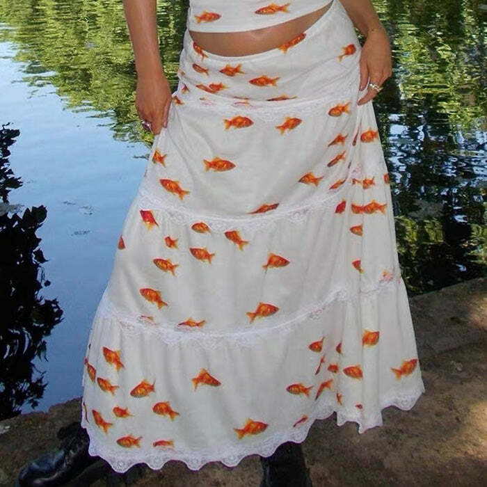 Y2K Aesthetic Koi Fish Maxi Skirt for Trendy Coquette Style