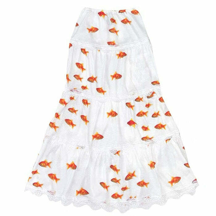 Y2K Aesthetic Koi Fish Maxi Skirt for Trendy Coquette Style