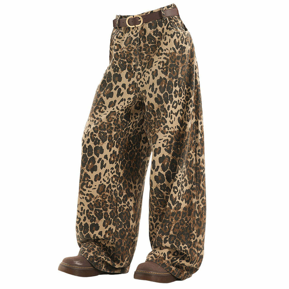 Y2K Aesthetic Leopard Print Wide-Leg Pants for Trendy Outfits