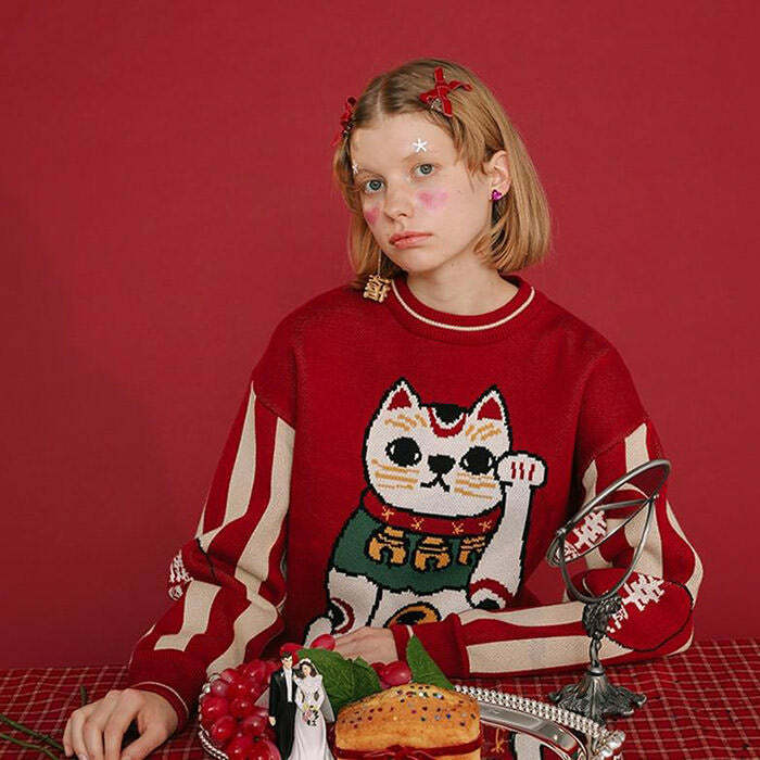 Y2K Aesthetic Maneki Neko Sweater - Cute & Comfy for Every Style