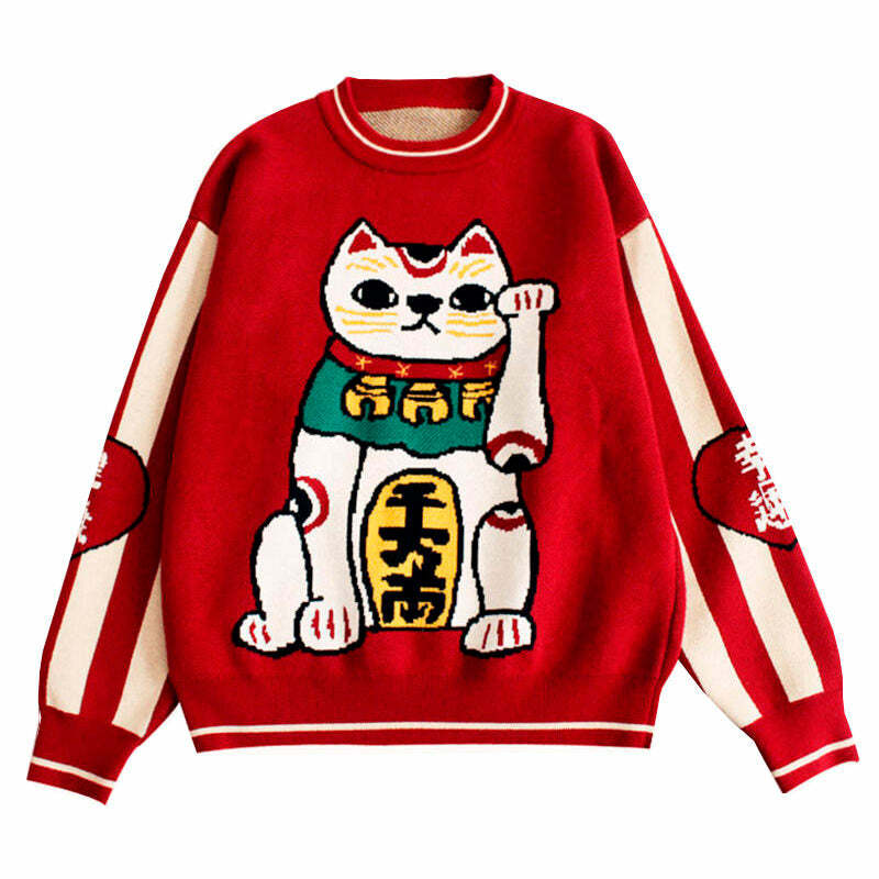 Y2K Aesthetic Maneki Neko Sweater - Cute & Comfy for Every Style