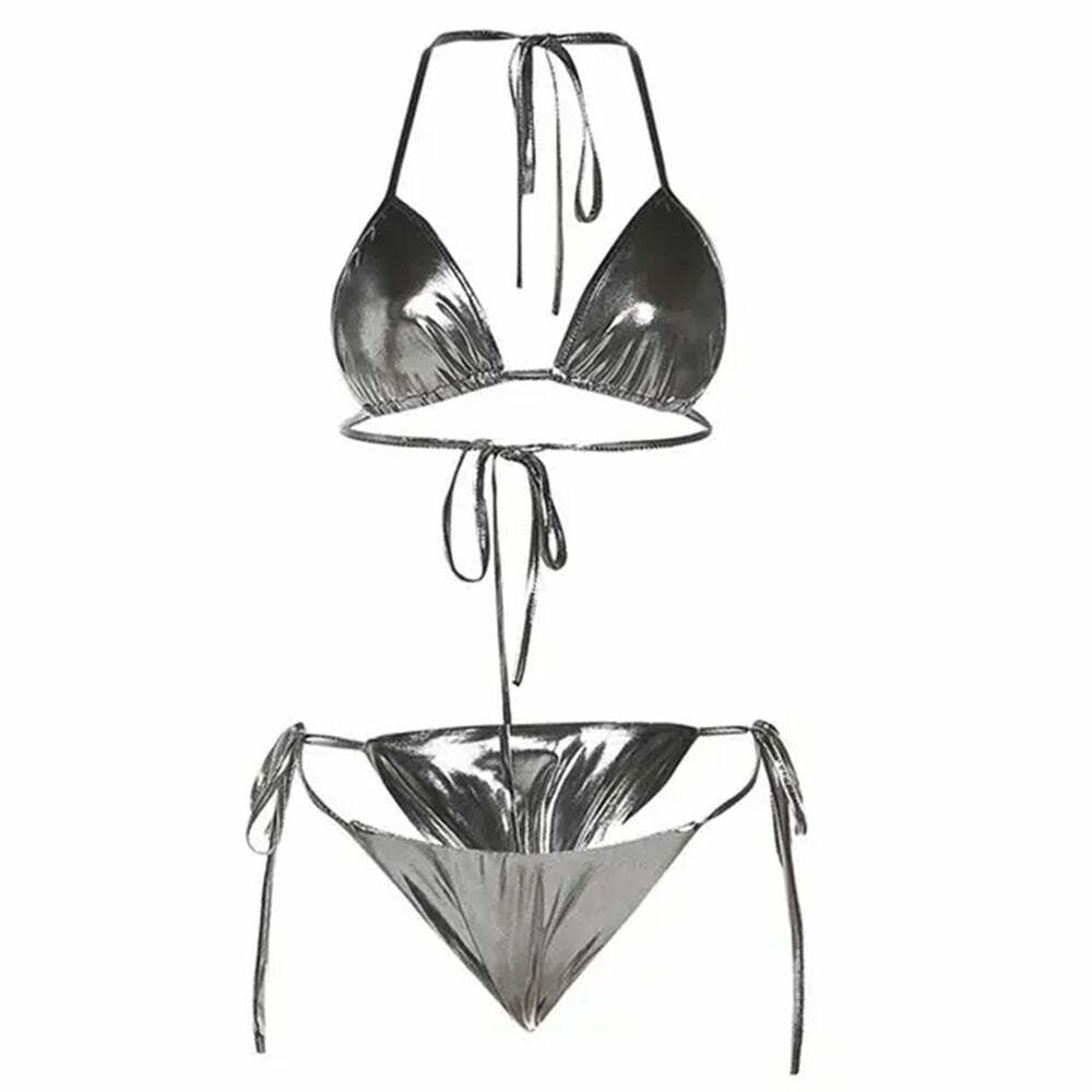 Y2K Aesthetic Metallic Bikini Set for Trendy Summer Vibes