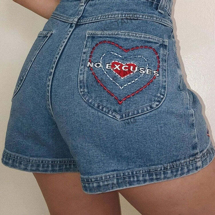 Y2K Aesthetic No Excuses Embroidery Denim Shorts for Trendy Outfits