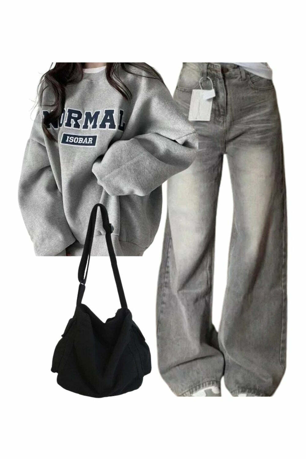 Y2K Aesthetic Outfit: Baggy Denim Pants, Oversized Graphic Sweatshirt & Black Bag