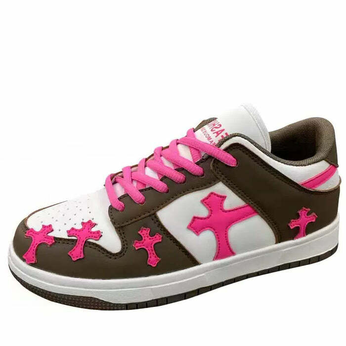 Y2K Aesthetic Pink & Brown Cross Sneakers for Trendy Outfits