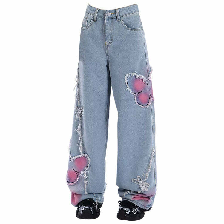 Y2K Aesthetic Pink Butterfly Wide Leg Jeans for Trendy Outfits