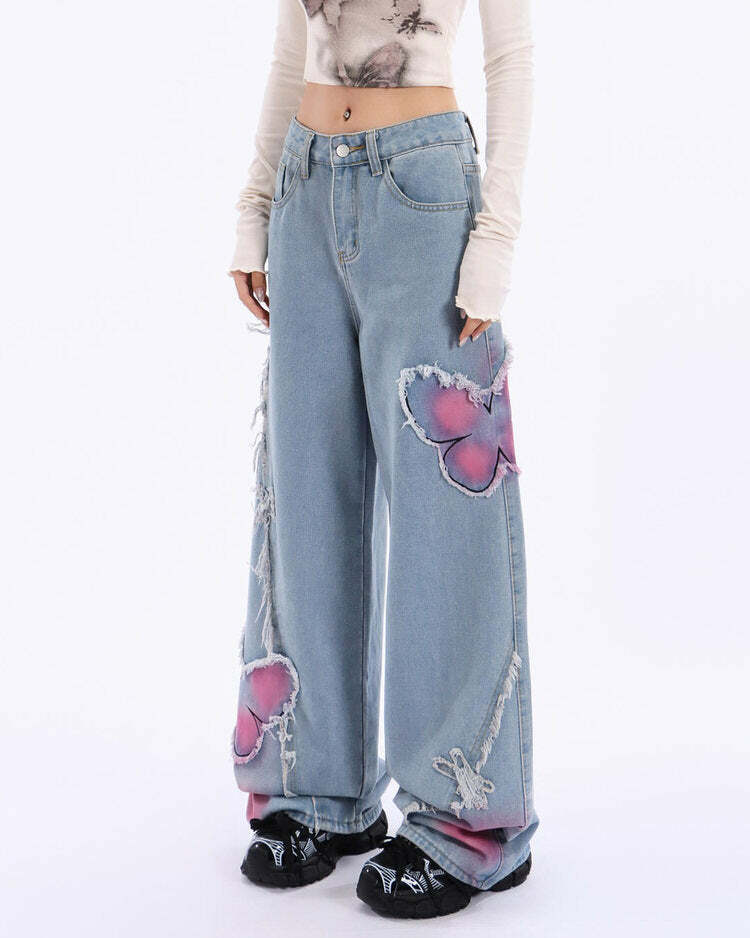 Y2K Aesthetic Pink Butterfly Wide Leg Jeans for Trendy Outfits