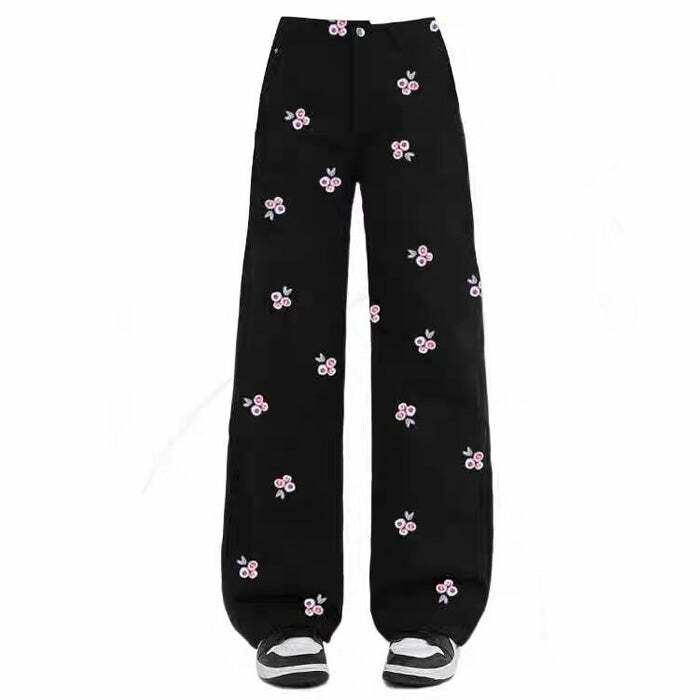 Y2K Aesthetic Pink Rose Embroidery Wide Leg Pants for Trendy Outfits